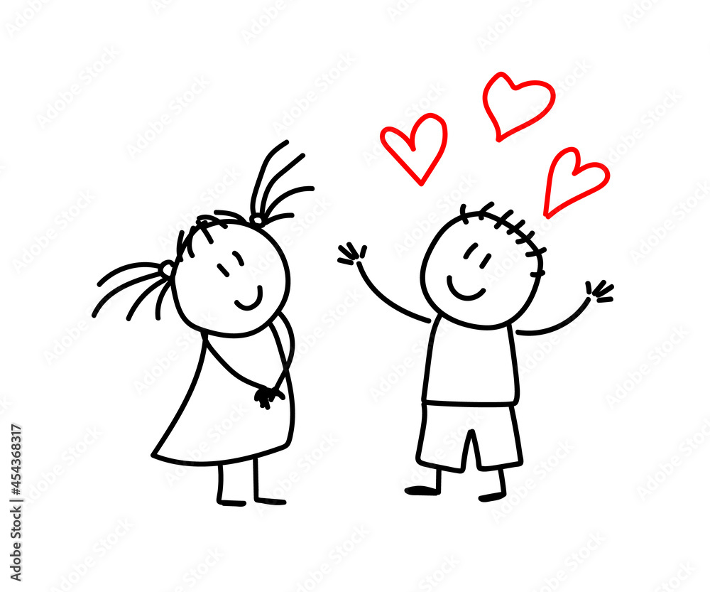 Couple in love and hearts. Sketch. Vector illustration.