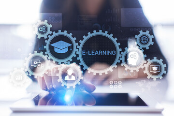 E-learning, Online education, internet studying. Business, technology and personal development concept on virtual screen