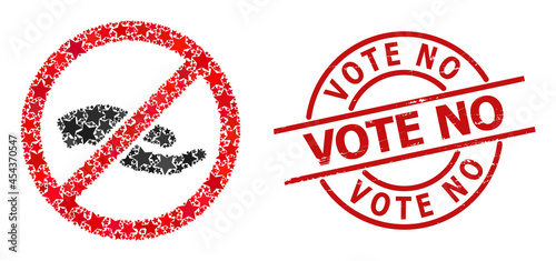 Forbid asking hand star pattern and grunge Vote No seal. Red seal with grunge texture and Vote No tag inside circle. Abstract forbid asking hand concept is created with scattered flat star items.