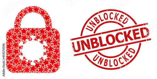 Virus lock star mosaic and grunge Unblocked badge. Red seal with corroded texture and Unblocked caption inside circle. Abstract virus lock collage is done with randomized flat star parts.