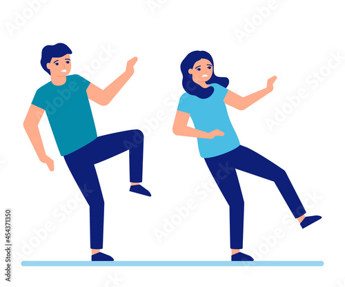 Man and woman slip and fall down to floor. Slippery floor for adult people. Male and female fail and fall. Vector illustration