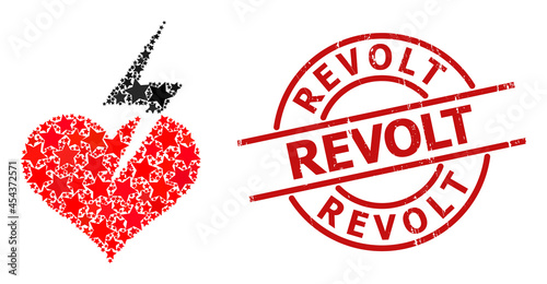 Heart strike star mosaic and grunge Revolt seal. Red seal with grunge style and Revolt caption inside circle. Abstract heart strike concept is created with scattered flat star elements.