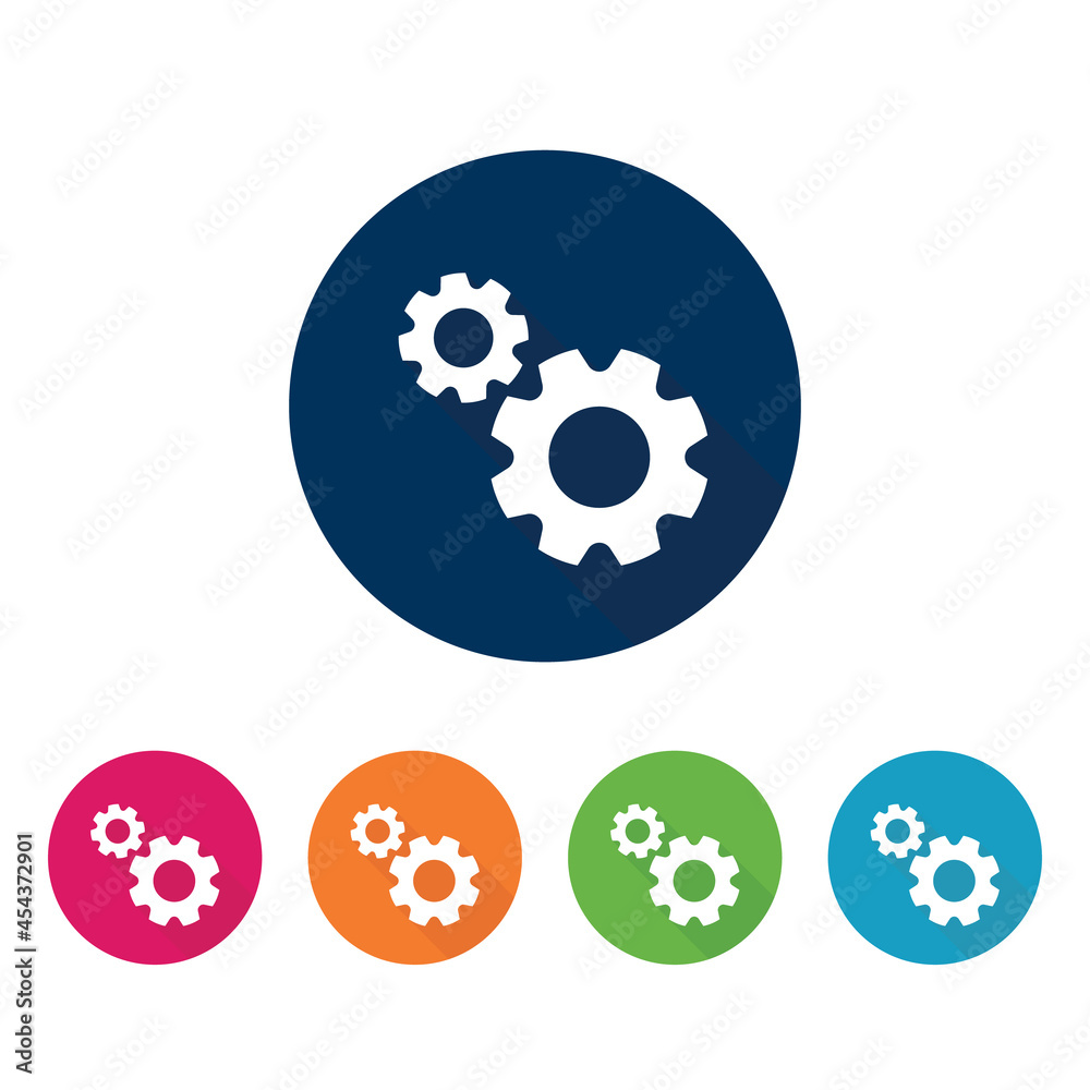 Gear icon, set of 5 buttons in different colors. Gear icon, set of 5 buttons in different colors.