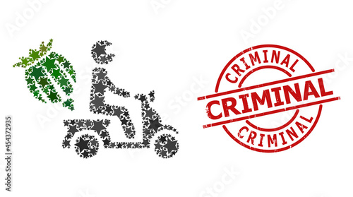 Opium motorbike delivery star pattern and grunge Criminal seal stamp. Red seal with rubber surface and Criminal word inside circle.