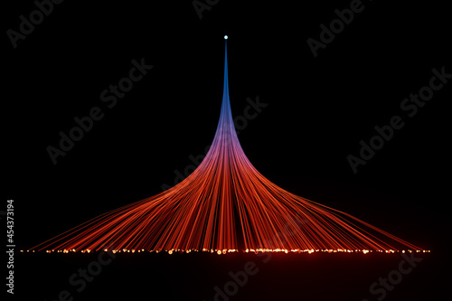 3d render illustration of connected lines. Data analysis concept. Blue orange wires. Single point to many.