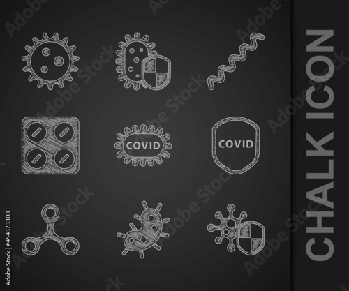 Set Corona virus covid-19, Virus, Shield protecting from, Pills blister pack, and icon. Vector