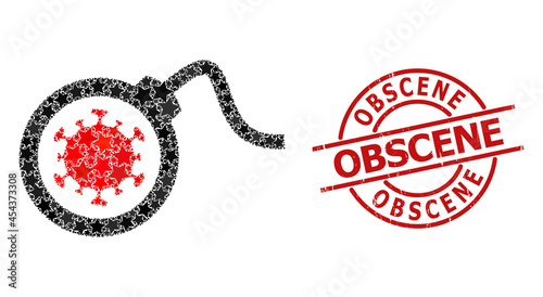 Virus bomb star pattern and grunge Obscene seal. Red imprint with grunge surface and Obscene tag inside circle. Abstract virus bomb composition is designed with scattered flat star items.