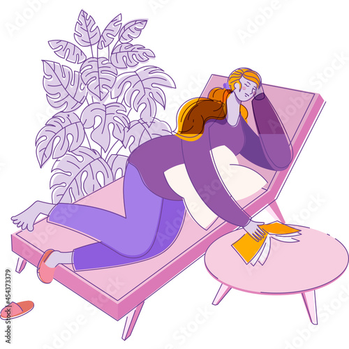 woman reading a book sleeping resting on daybed, vector illustration