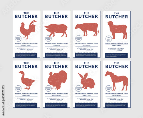 Vector design template labels for packaging with illustration silhouettes farm animals. Abstract symbol for meat products.