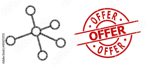 Links star pattern and grunge Offer badge. Red stamp with grunge style and Offer phrase inside circle. Abstract links composition is created with random flat star icons.