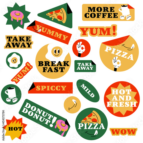 Vector set of fast food stickers. Colorful patch badges for junk food cafe.