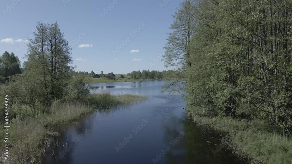 Drone following a river that enters a lake in summer day Drone following a river that enters a lake in summer day