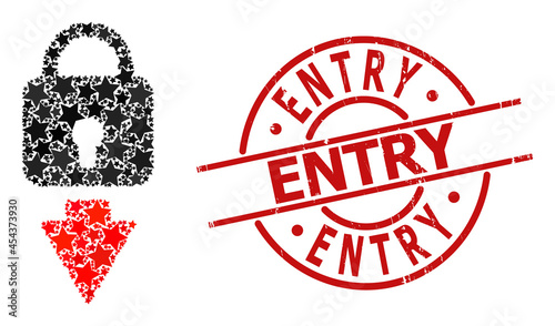 Lock down star mosaic and grunge Entry badge. Red seal with scratched style and Entry tag inside circle. Abstract lock down mosaic is composed with randomized flat star items.