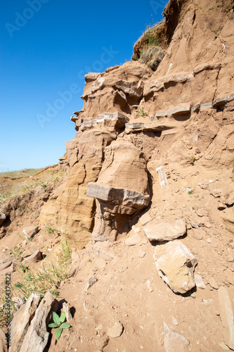 steep ravine slope, sandstone polished by wind and water erosion, stone texture
