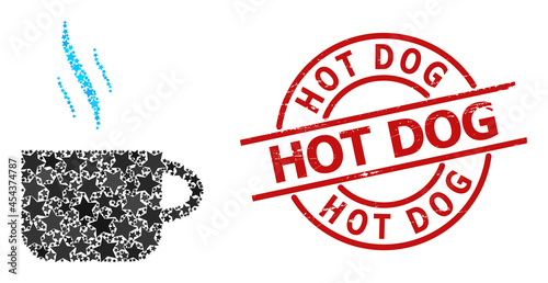 Hot tea cup star mosaic and grunge Hot Dog seal stamp. Red seal with grunge style and Hot Dog text inside circle. Abstract hot tea cup mosaic is constructed from random flat star items.