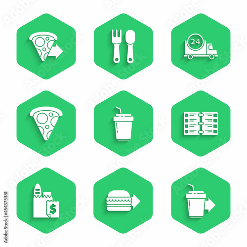 Set Coffee cup to go, Online ordering burger delivery, Restaurant cafe menu, and, Slice pizza, Fast by car and icon. Vector