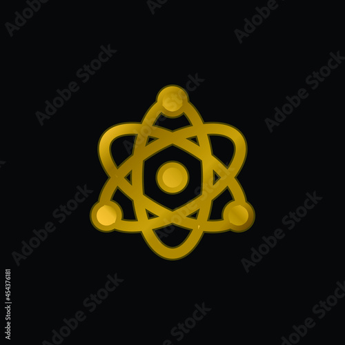 Atom gold plated metalic icon or logo vector