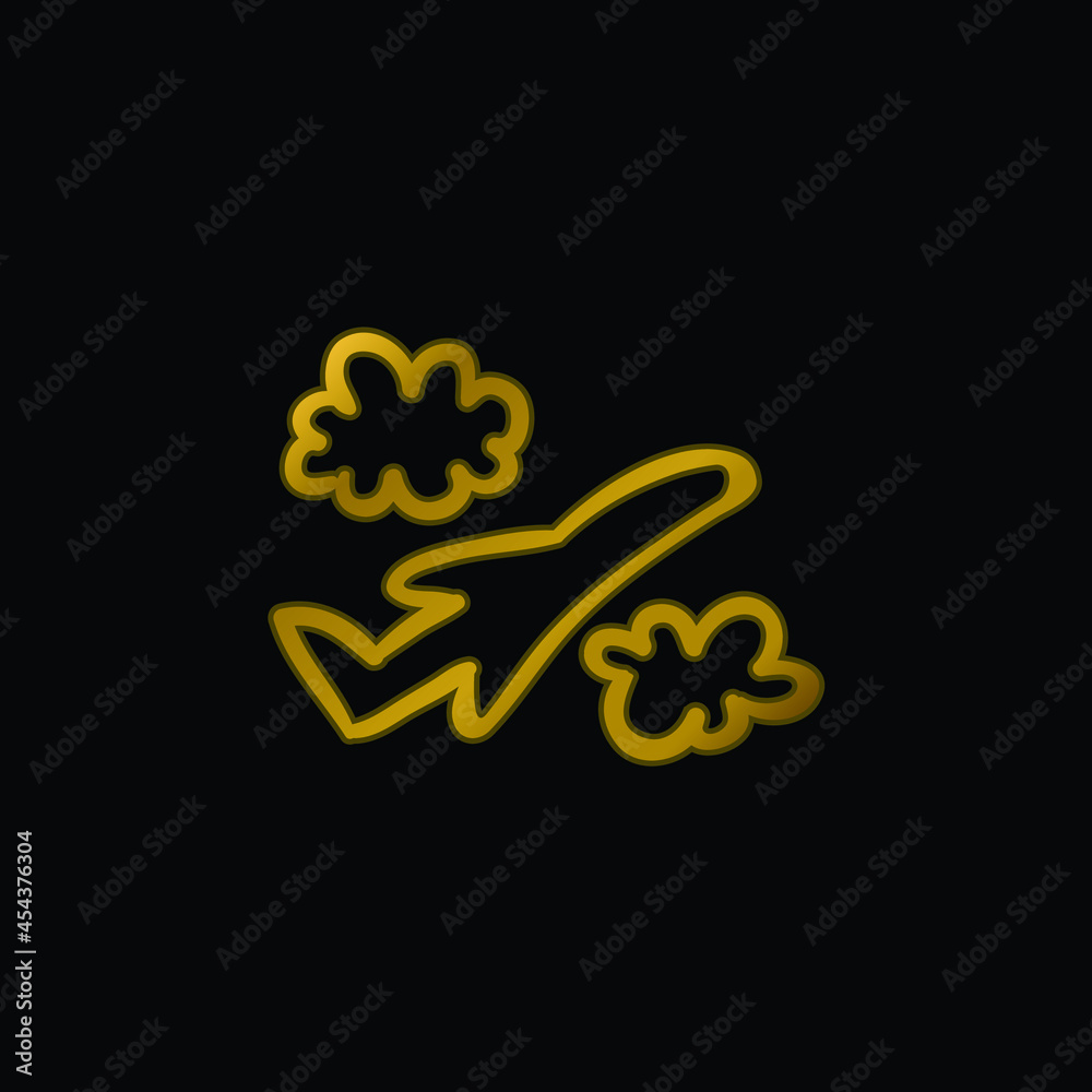 Airplane Hand Drawn Flight Between Clouds gold plated metalic icon or logo vector Airplane Hand Drawn Flight Between Clouds gold plated metalic icon or logo vector