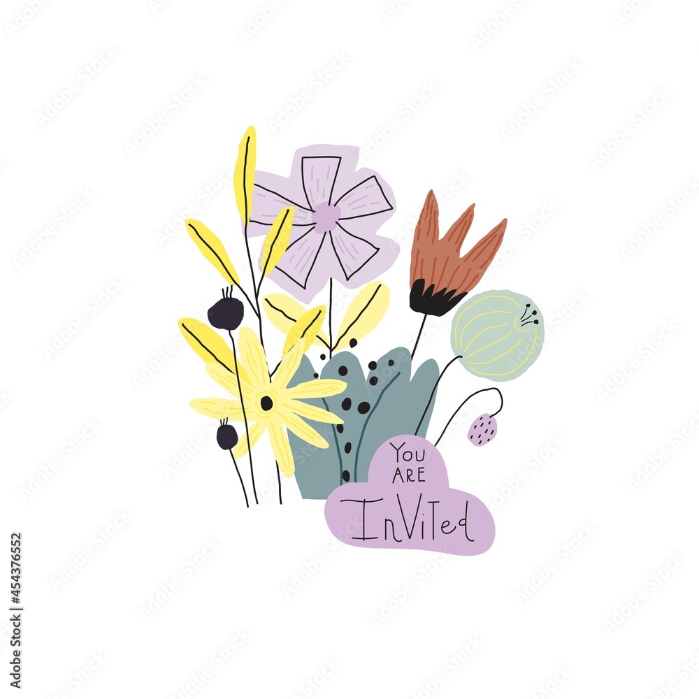 Vector stylized hand drawn flowers bouquet, handwritten phrase: you are invited Vector stylized hand drawn flowers bouquet, handwritten phrase: you are invited