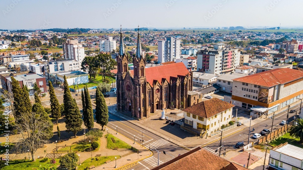Vacaria RS. Aerial view of the stone cathedral of Vacaria, in Rio Grande do Sul