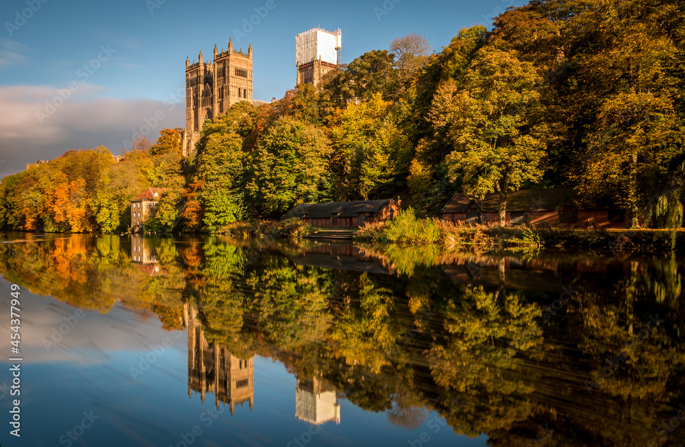 A long exposure of the beautiful Durham Cathedral and the Old Fulling Mill, with the autumn colors reflecting in the River Wear