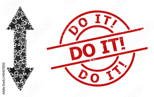 Vertical exchange arrow star pattern and grunge Do It! seal stamp. Red stamp with corroded surface and Do It! text inside circle.