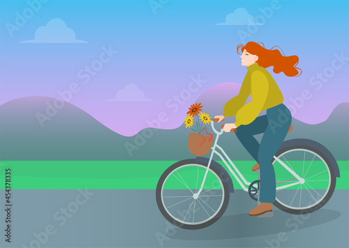 A cute girl with flying hair rides a bicycle. Active lifestyle concept, eco-friendly means of transportation. Vector illustration.   © Елена Савочкина