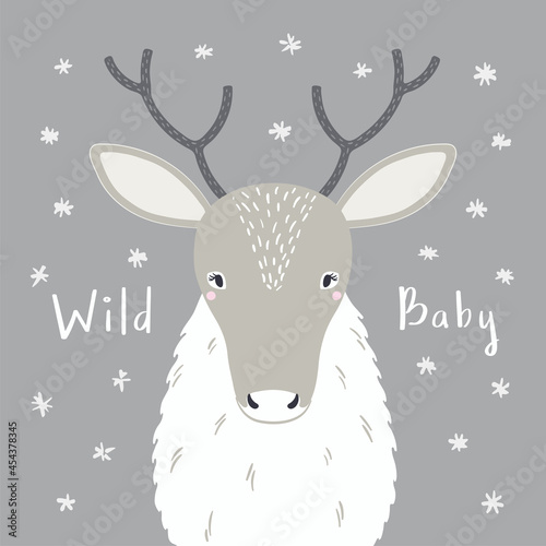 Cute cartoon reindeer portrait, quote Wild baby, snow. Hand drawn vector illustration. Winter animal character. Arctic wildlife. Design concept for kids fashion print, poster, baby shower, card.