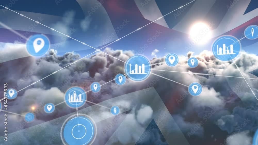 Animation of network of connections of icons with graphs over united kingdom flag and clouds Animation of network of connections of icons with graphs over united kingdom flag and clouds