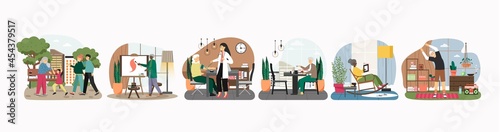 Nursing home scene set, flat vector illustration. Elderly care. Active and healthy lifestyles for seniors.