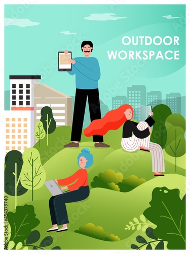 Outdoor workplace. Business people working outside the office, in nature, vector illustration. Remote work, freelance.