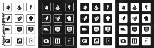 Set Ice cream, Online ordering hotdog, ice, and delivery, Chef hat, Slice of pizza, and Fast by car icon. Vector