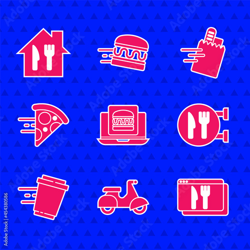 Set Online ordering burger delivery, Scooter, and, Cafe restaurant location, Coffee cup to go, pizza, and icon. Vector