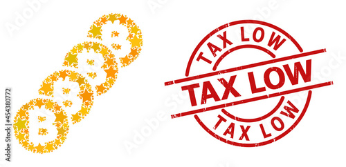 Bitcoin coin blockchain star pattern and grunge Tax Low seal stamp. Red imprint with grunge surface and Tax Low tag inside circle.