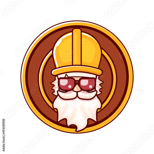 Worker man icon with orange helmet and beard isolated on white background. 1 may Labor day icon or sign with funky man