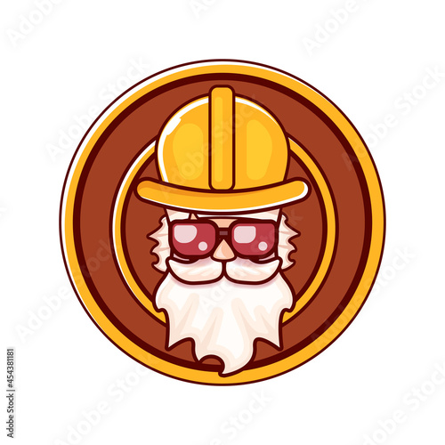 Worker man icon with orange helmet and beard isolated on white background. 1 may Labor day icon or sign with funky man