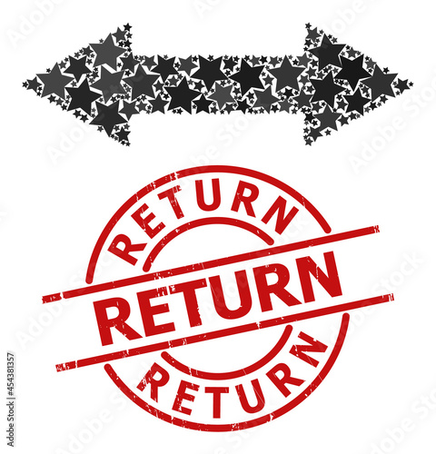 Horizontal exchange arrow star pattern and grunge Return seal. Red seal with grunge surface and Return phrase inside circle.
