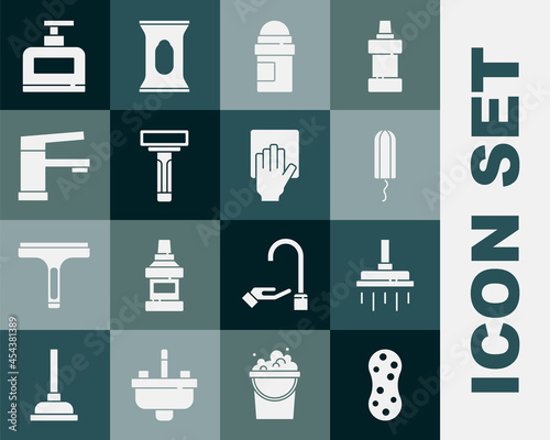 Set Sponge, Shower head, Sanitary tampon, Antiperspirant deodorant roll, Shaving razor, Water tap, Bottle of shampoo and Cleaning service icon. Vector