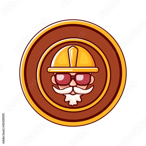 Worker man icon with orange helmet and beard isolated on white background. 1 may Labor day icon or sign with funky man