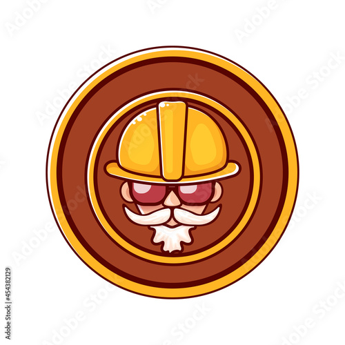 Worker man icon with orange helmet and beard isolated on white background. 1 may Labor day icon or sign with funky man