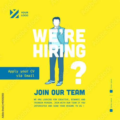 Square job vacancy design banner. Open recruitment design template. Business recruiting vector illustration with flat style.