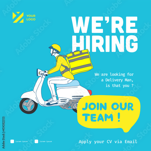 Square job vacancy design banner. Delivery courier recruitment design template.   Business recruiting vector illustration with flat style.