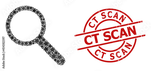 Search star pattern and grunge Ct Scan seal stamp. Red seal with rubber surface and Ct Scan tag inside circle. Abstract search concept is created with scattered flat star icons.