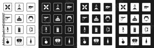 Set Cannon, Stop war, Pistol or gun, Japanese ninja shuriken, Military helmet, Soldier grave, Brass knuckles and knife icon. Vector