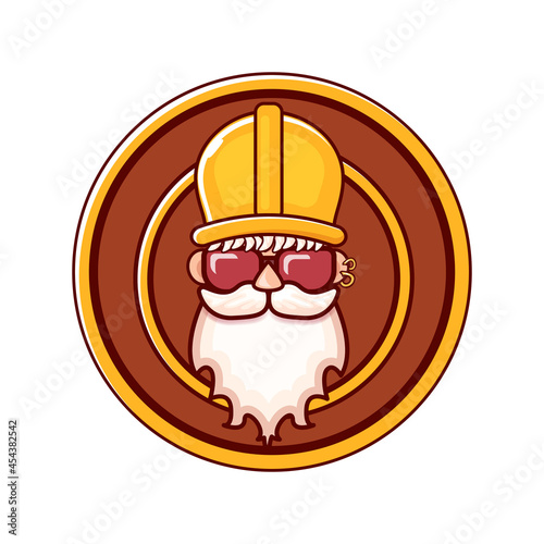Worker man icon with orange helmet and beard isolated on white background. 1 may Labor day icon or sign with funky man