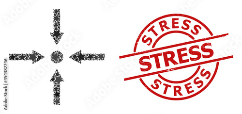 Meeting point arrows star pattern and grunge Stress stamp. Red stamp with grunge surface and Stress tag inside circle.