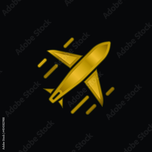 Airplane gold plated metalic icon or logo vector