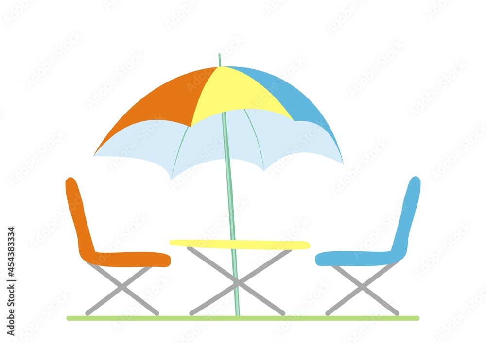 Camping furniture, parasol, table and two chairs. Vector illustration. Camping furniture, parasol, table and two chairs. Vector illustration.