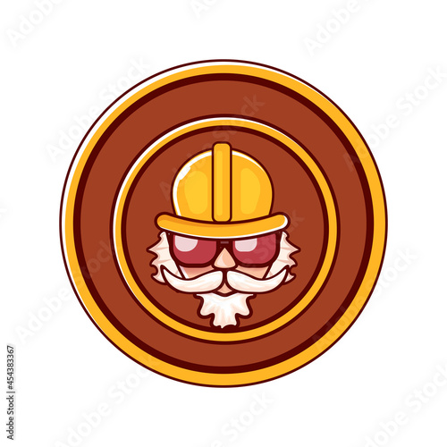 Worker man icon with orange helmet and beard isolated on white background. 1 may Labor day icon or sign with funky man