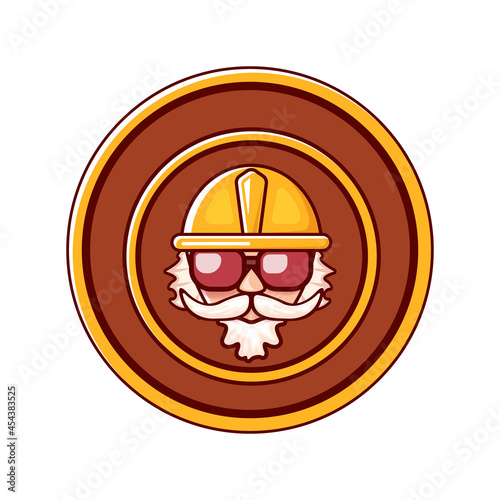 Worker man icon with orange helmet and beard isolated on white background. 1 may Labor day icon or sign with funky man